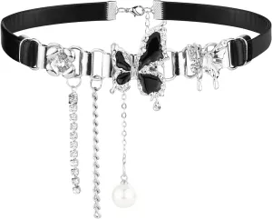 Women Choker Necklace Black Butterfly Gothic Choker Vintage Pearl Necklace with Crystal Wedding Costumes Punk Rock Party