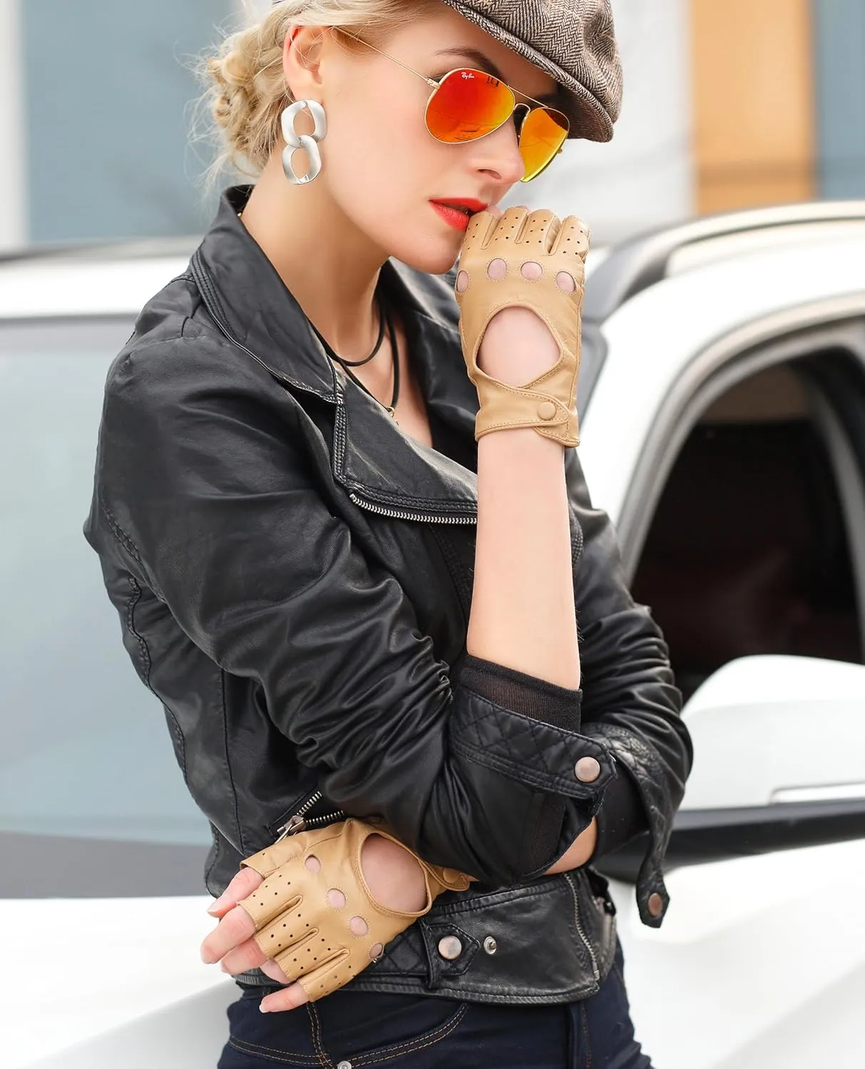 Women Classic Fingerless Nappa Leather Driving Gloves Lambskin Fitness Outdoor Unlined Gloves