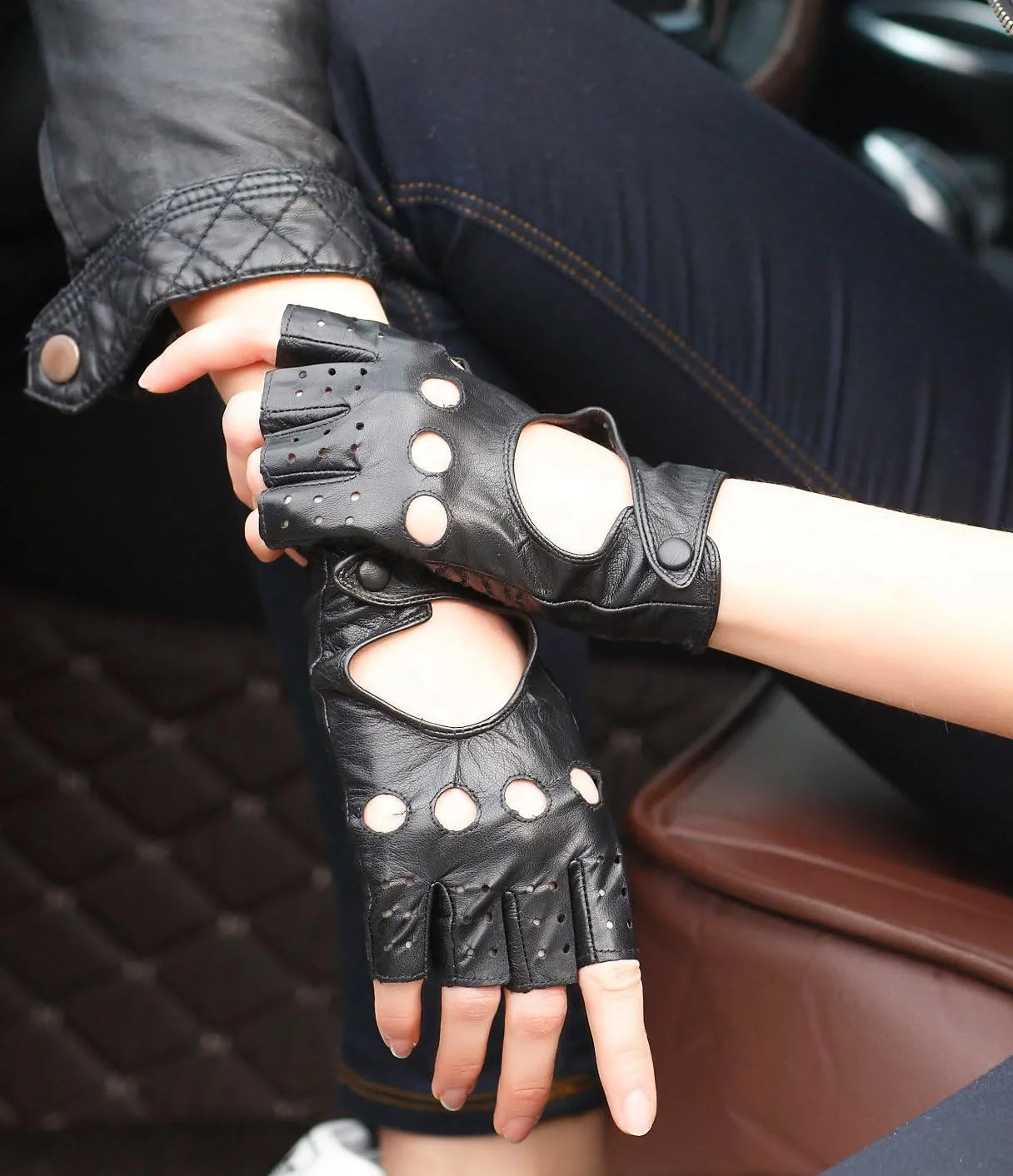 Women Classic Fingerless Nappa Leather Driving Gloves Lambskin Fitness Outdoor Unlined Gloves