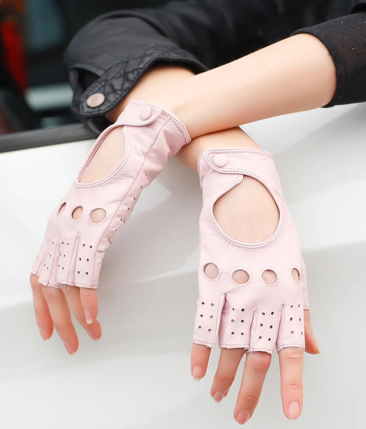 Women Classic Fingerless Nappa Leather Driving Gloves Lambskin Fitness Outdoor Unlined Gloves