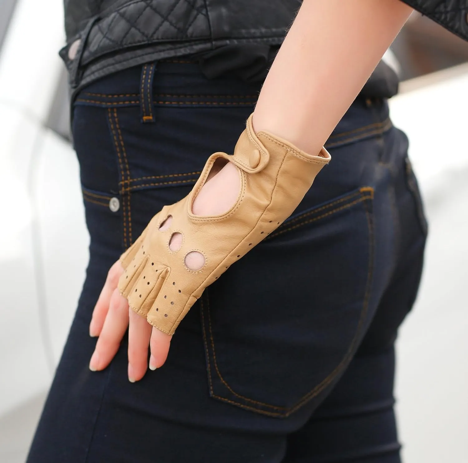 Women Classic Fingerless Nappa Leather Driving Gloves Lambskin Fitness Outdoor Unlined Gloves