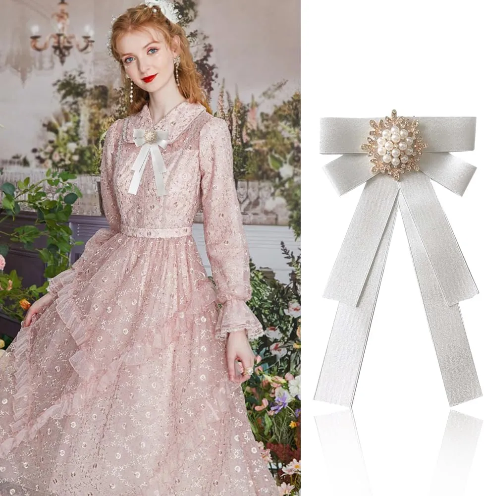 Women Elegant Pearl Ribbon Bow tie Brooches Pin Jewelry Pre-Tied Collar Neck Tie Clip for Lady Girls Wedding Party