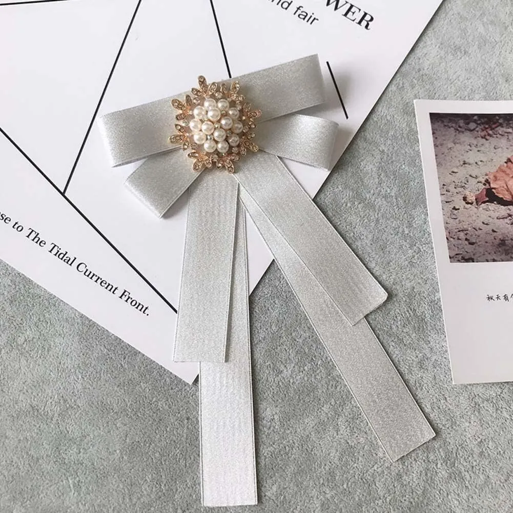 Women Elegant Pearl Ribbon Bow tie Brooches Pin Jewelry Pre-Tied Collar Neck Tie Clip for Lady Girls Wedding Party