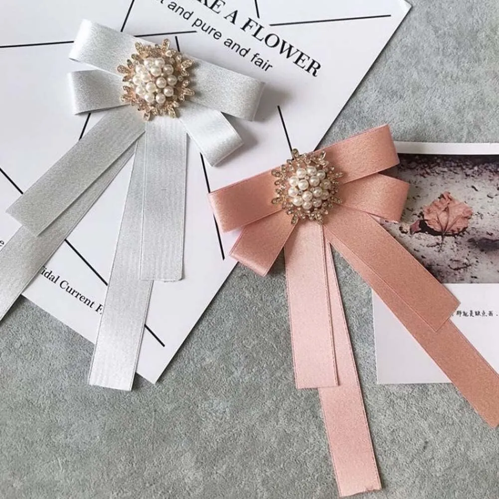 Women Elegant Pearl Ribbon Bow tie Brooches Pin Jewelry Pre-Tied Collar Neck Tie Clip for Lady Girls Wedding Party