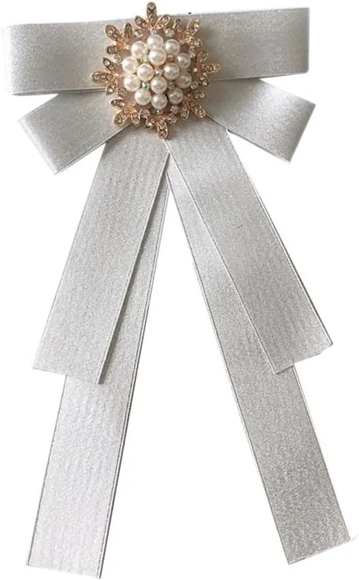 Women Elegant Pearl Ribbon Bow tie Brooches Pin Jewelry Pre-Tied Collar Neck Tie Clip for Lady Girls Wedding Party