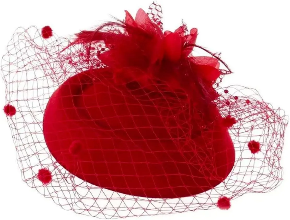 Women Fascinator Hat Flower Feather Mesh Face Veil Hair Clip Pillbox Hats with Pearl Accessories Set and Short Satin Gloves