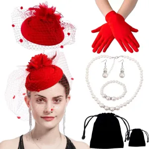 Women Fascinator Hat Flower Feather Mesh Face Veil Hair Clip Pillbox Hats with Pearl Accessories Set and Short Satin Gloves