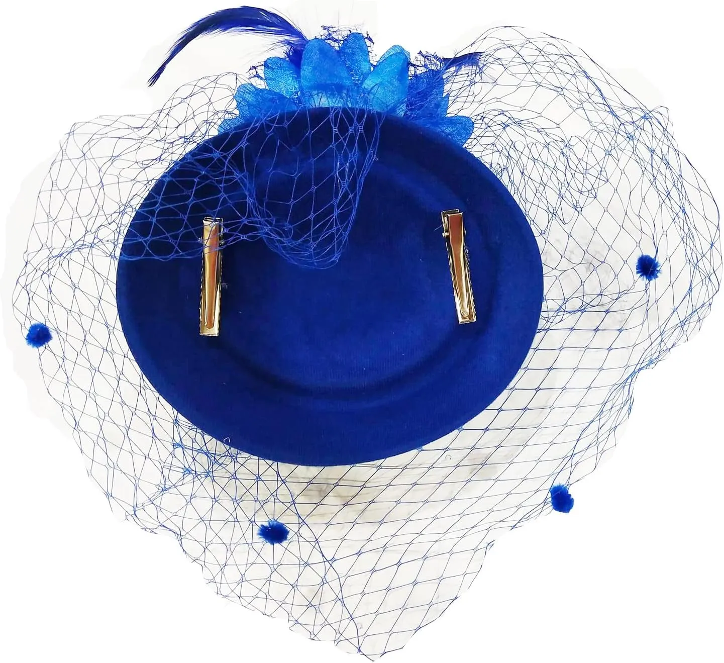 Women Fascinator Hat Flower Feather Mesh Face Veil Hair Clip Pillbox Hats with Pearl Accessories Set and Short Satin Gloves