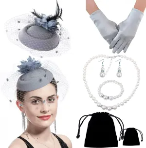 Women Fascinator Hat Flower Feather Mesh Face Veil Hair Clip Pillbox Hats with Pearl Accessories Set and Short Satin Gloves