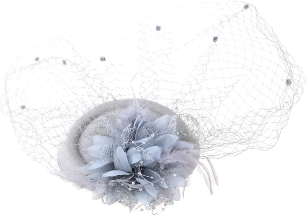 Women Fascinator Hat Flower Feather Mesh Face Veil Hair Clip Pillbox Hats with Pearl Accessories Set and Short Satin Gloves