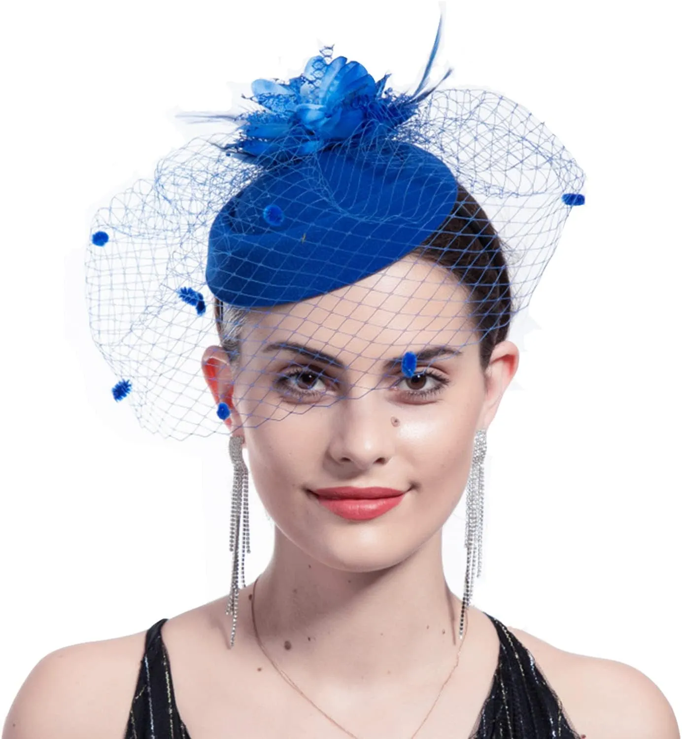 Women Fascinator Hat Flower Feather Mesh Face Veil Hair Clip Pillbox Hats with Pearl Accessories Set and Short Satin Gloves