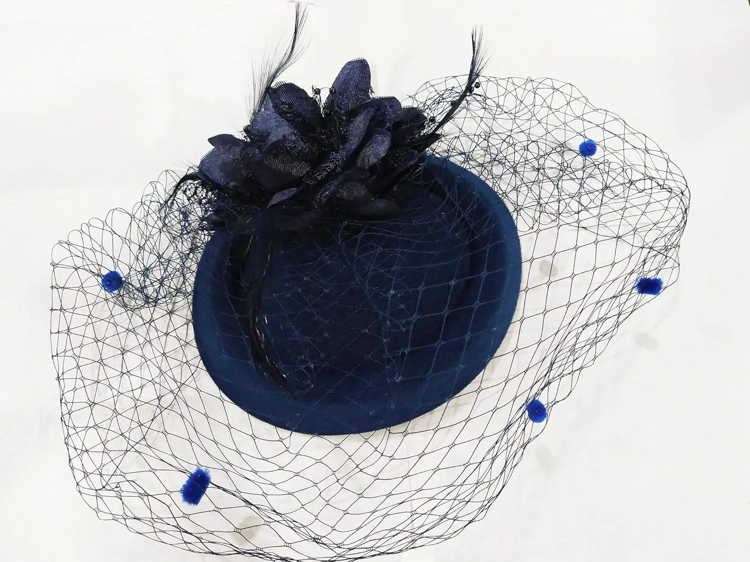 Women Fascinator Hat Flower Feather Mesh Face Veil Hair Clip Pillbox Hats with Pearl Accessories Set and Short Satin Gloves