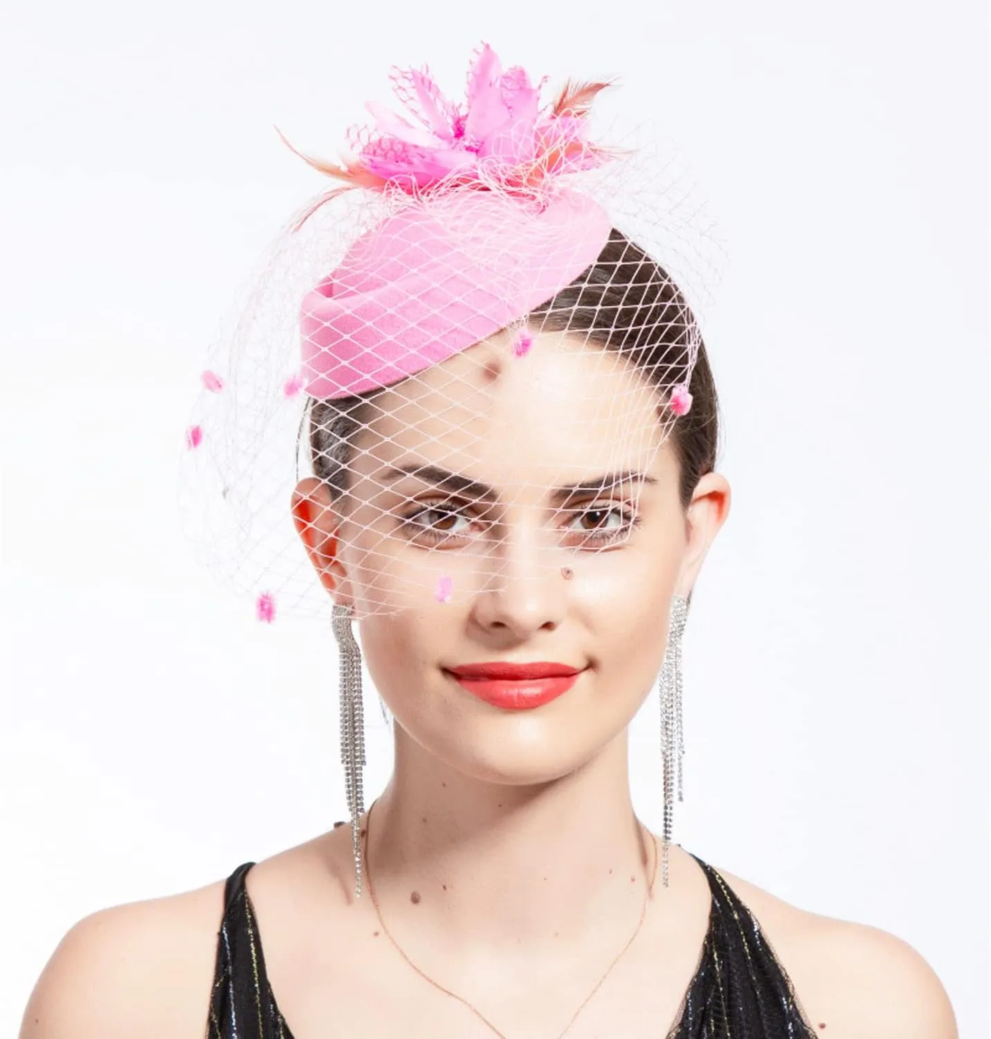 Women Fascinator Hat Flower Feather Mesh Face Veil Hair Clip Pillbox Hats with Pearl Accessories Set and Short Satin Gloves