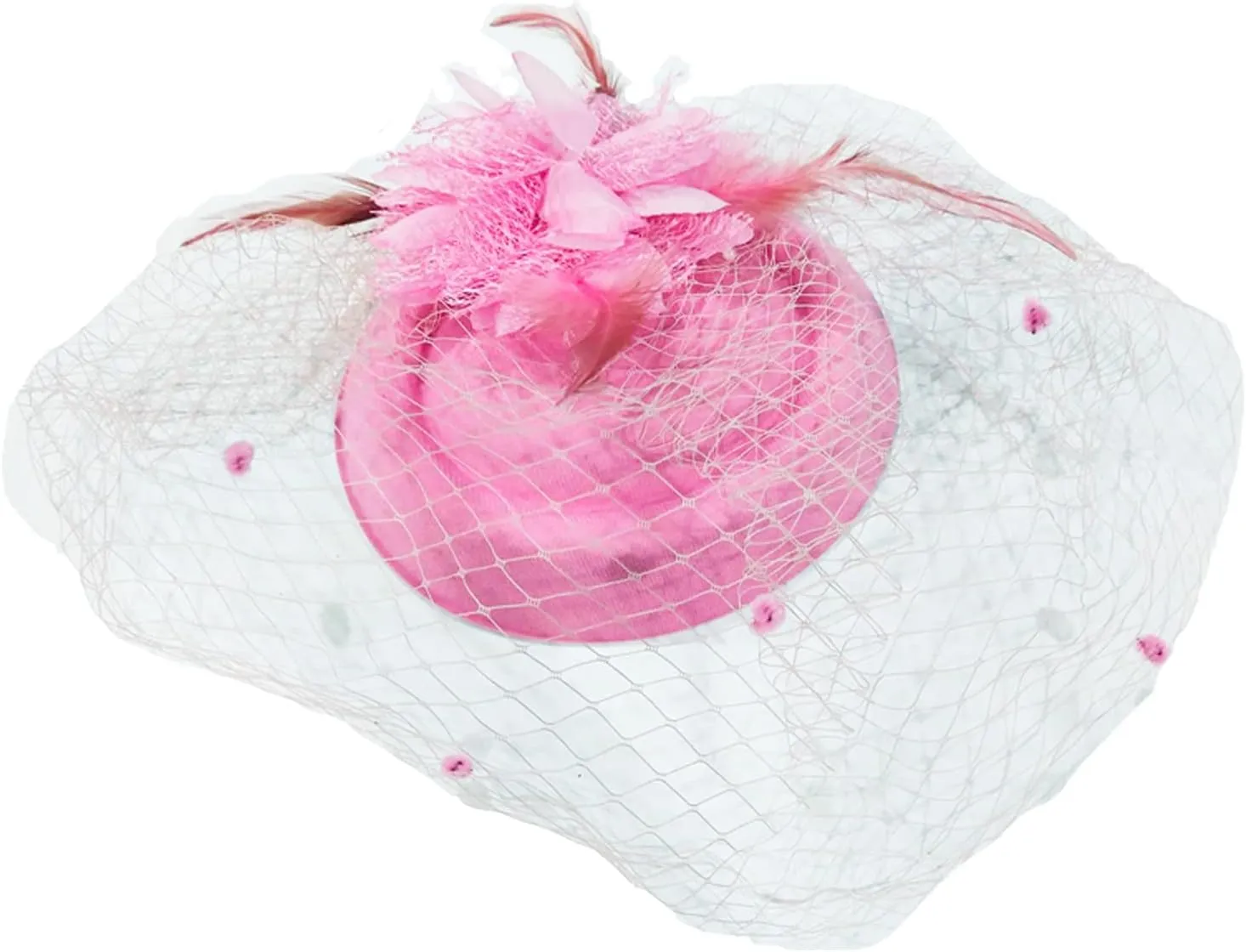 Women Fascinator Hat Flower Feather Mesh Face Veil Hair Clip Pillbox Hats with Pearl Accessories Set and Short Satin Gloves