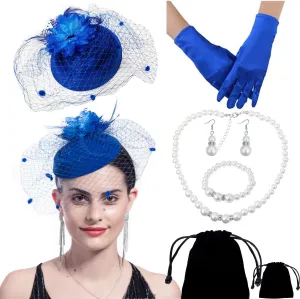 Women Fascinator Hat Flower Feather Mesh Face Veil Hair Clip Pillbox Hats with Pearl Accessories Set and Short Satin Gloves