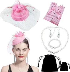 Women Fascinator Hat Flower Feather Mesh Face Veil Hair Clip Pillbox Hats with Pearl Accessories Set and Short Satin Gloves