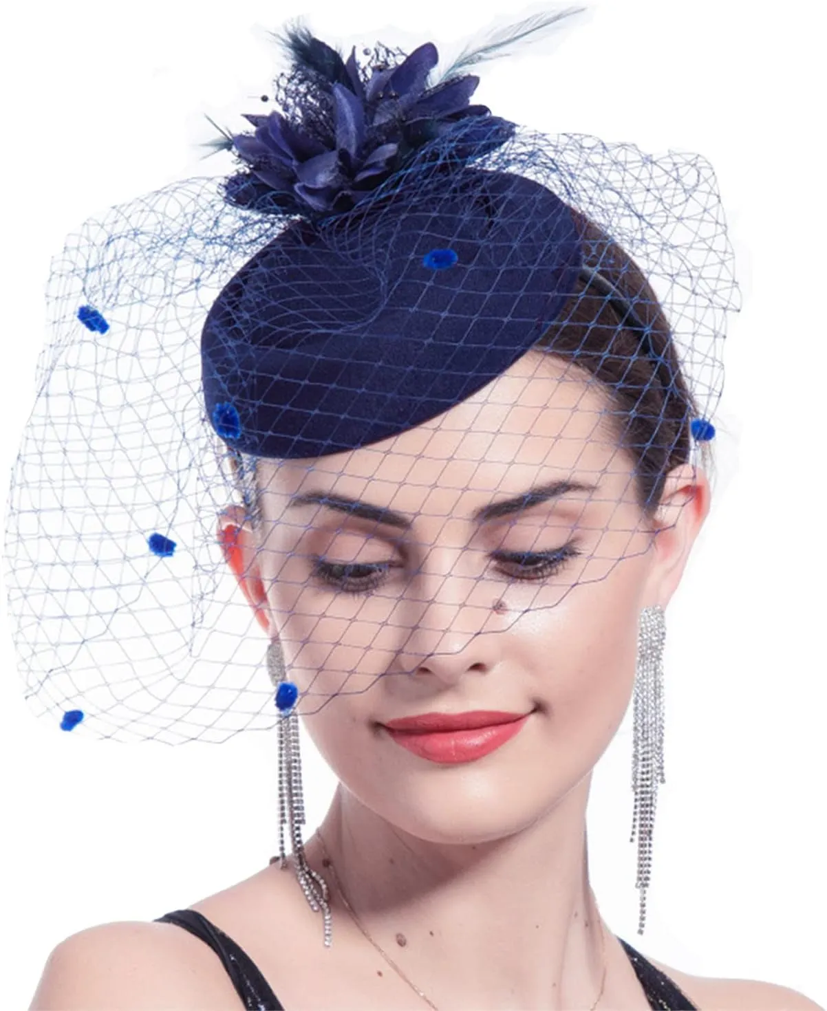 Women Fascinator Hat Flower Feather Mesh Face Veil Hair Clip Pillbox Hats with Pearl Accessories Set and Short Satin Gloves