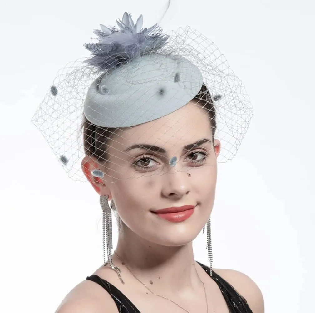 Women Fascinator Hat Flower Feather Mesh Face Veil Hair Clip Pillbox Hats with Pearl Accessories Set and Short Satin Gloves
