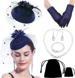 Women Fascinator Hat Flower Feather Mesh Face Veil Hair Clip Pillbox Hats with Pearl Accessories Set and Short Satin Gloves