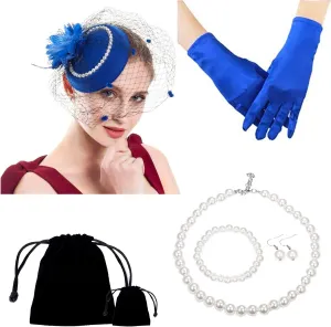 Women Fascinator Hat Flower Pearls Feather Mesh Veil Hair Clip Pillbox Hats with Pearl Accessories Set and Short Satin Gloves