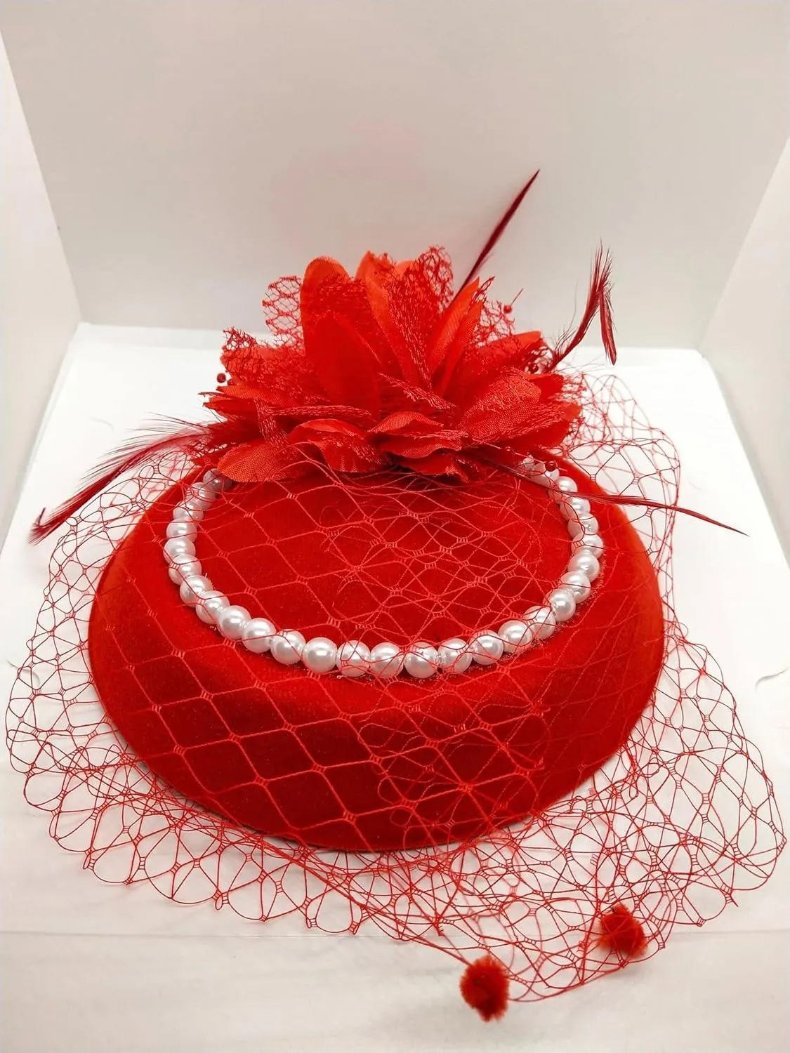 Women Fascinator Hat Flower Pearls Feather Mesh Veil Hair Clip Pillbox Hats with Pearl Accessories Set and Short Satin Gloves