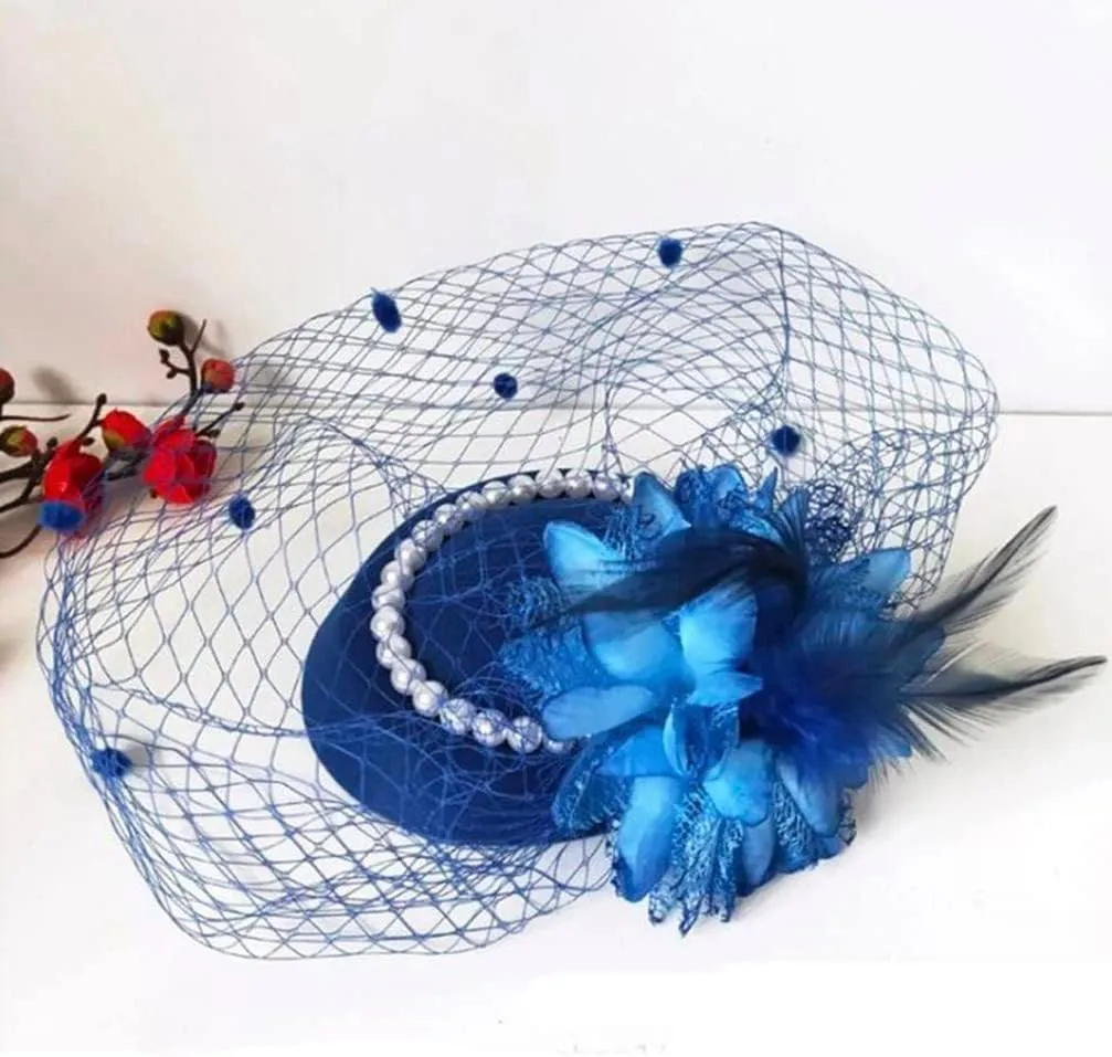 Women Fascinator Hat Flower Pearls Feather Mesh Veil Hair Clip Pillbox Hats with Pearl Accessories Set and Short Satin Gloves