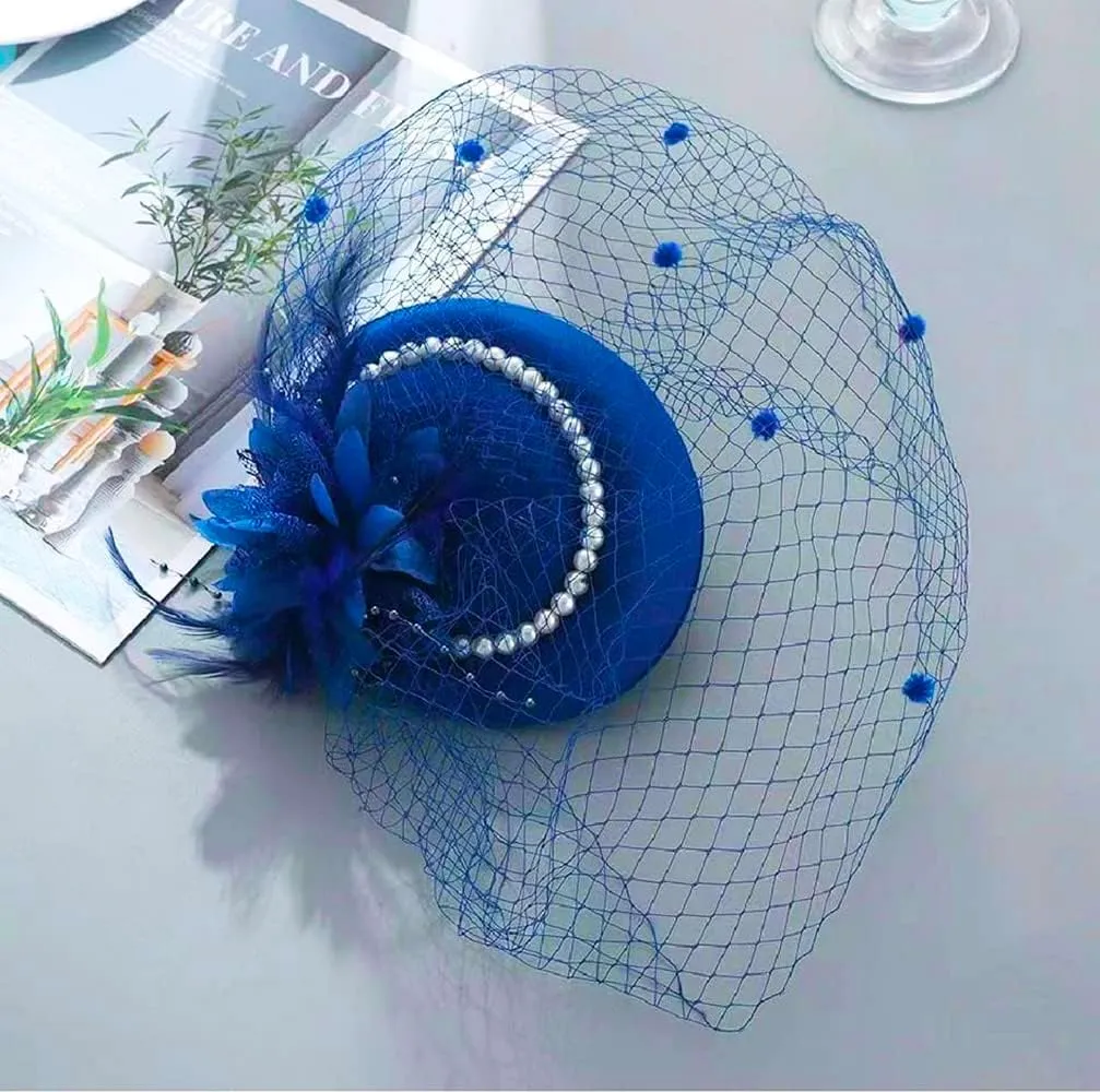 Women Fascinator Hat Flower Pearls Feather Mesh Veil Hair Clip Pillbox Hats with Pearl Accessories Set and Short Satin Gloves