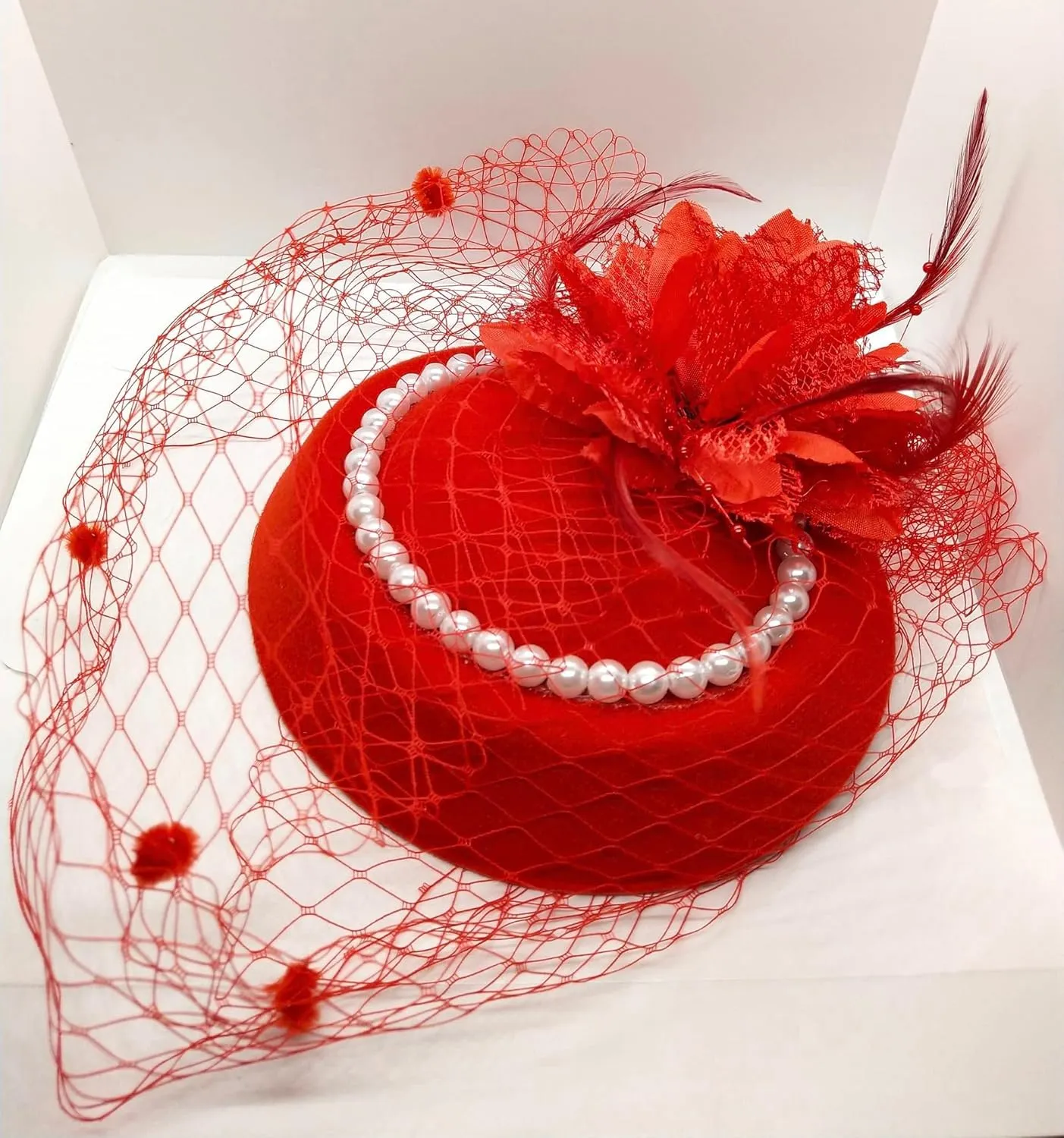 Women Fascinator Hat Flower Pearls Feather Mesh Veil Hair Clip Pillbox Hats with Pearl Accessories Set and Short Satin Gloves