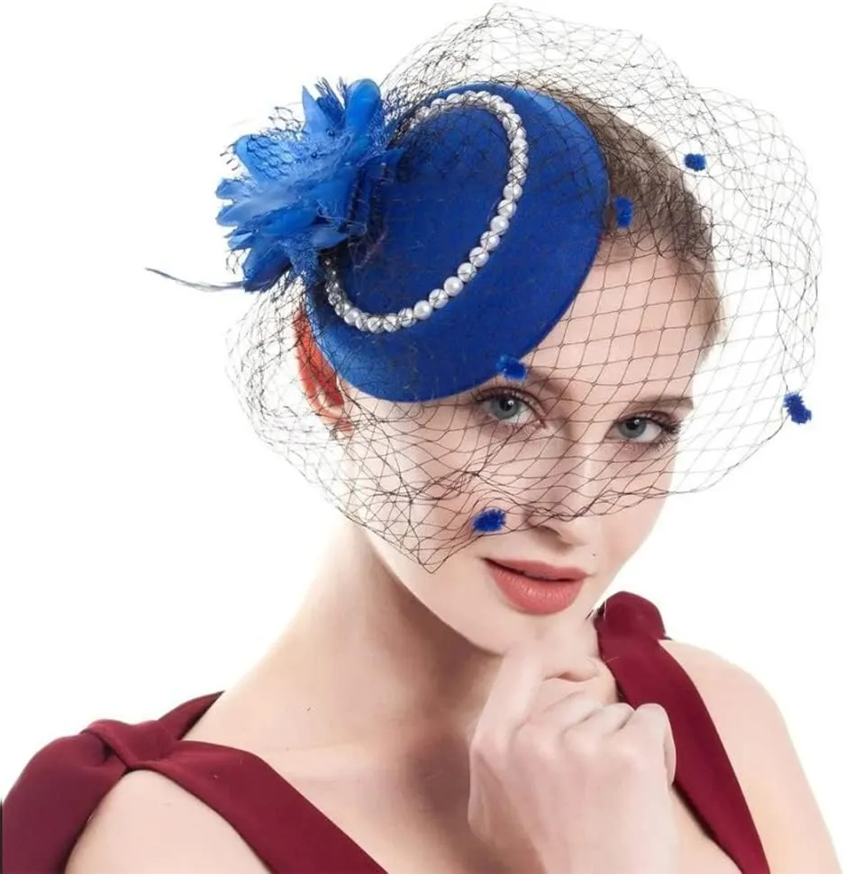 Women Fascinator Hat Flower Pearls Feather Mesh Veil Hair Clip Pillbox Hats with Pearl Accessories Set and Short Satin Gloves