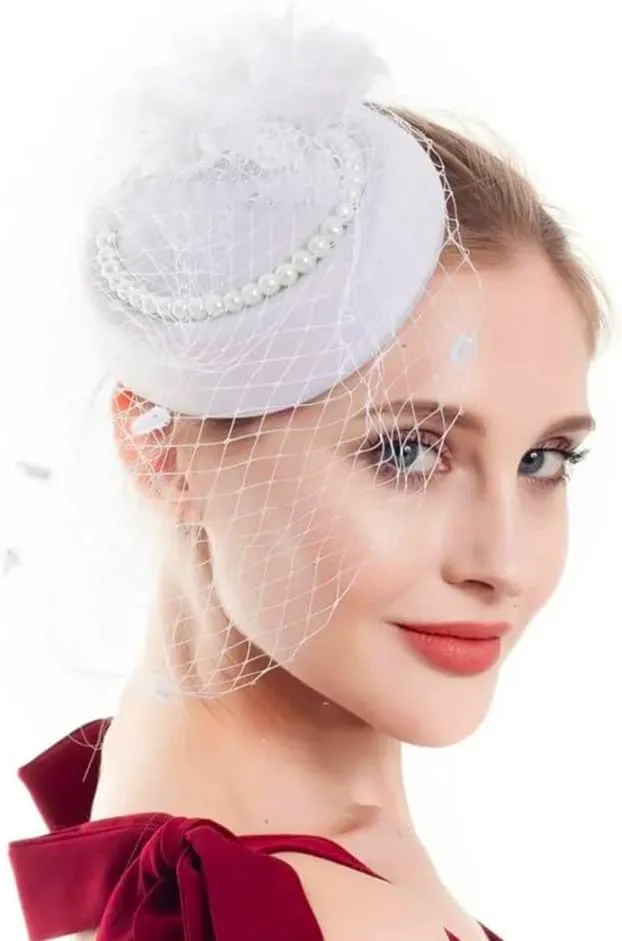 Women Fascinator Hat Flower Pearls Feather Mesh Veil Hair Clip Pillbox Hats with Pearl Accessories Set and Short Satin Gloves
