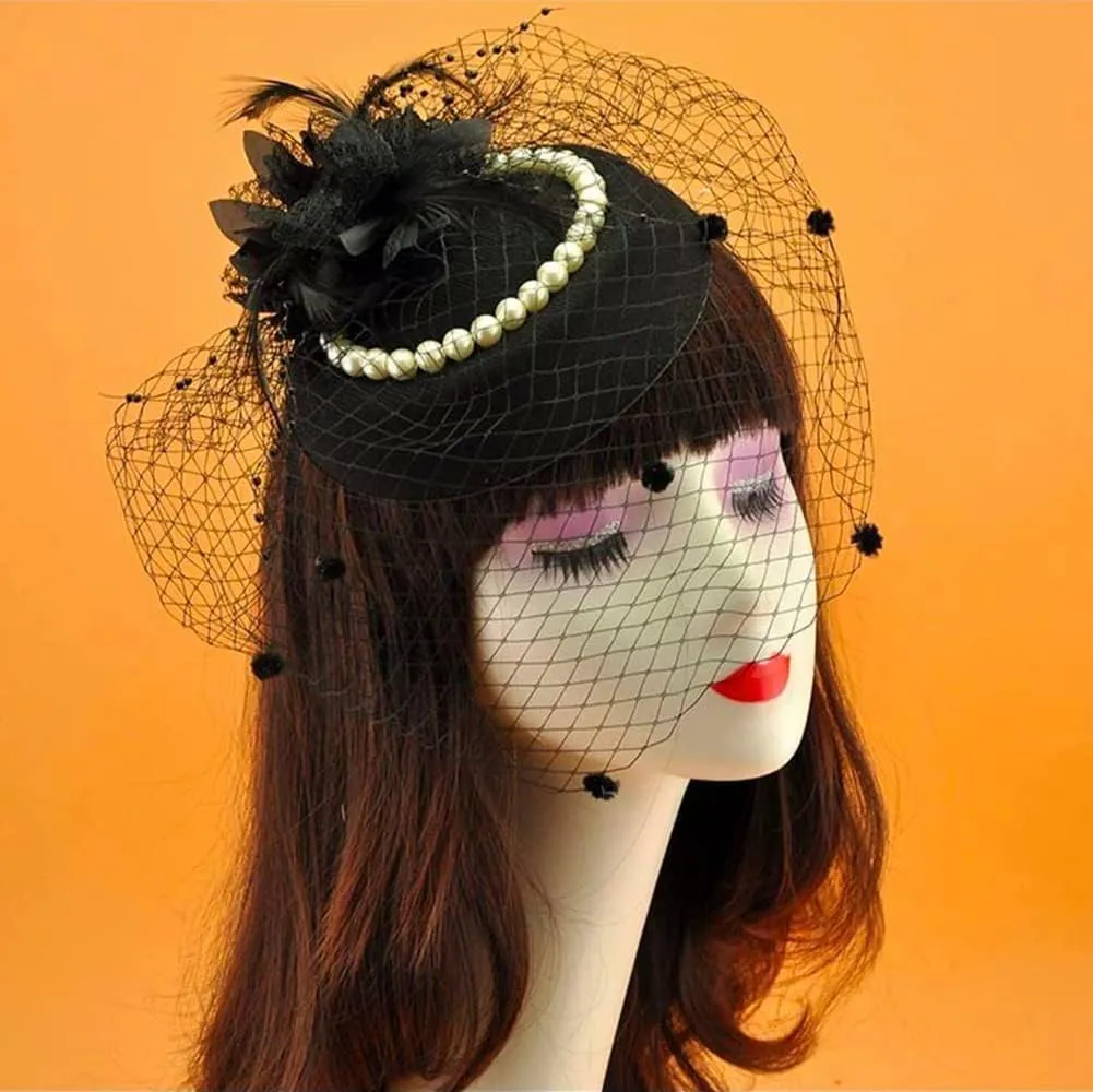 Women Fascinator Hat Flower Pearls Feather Mesh Veil Hair Clip Pillbox Hats with Pearl Accessories Set and Short Satin Gloves