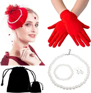 Women Fascinator Hat Flower Pearls Feather Mesh Veil Hair Clip Pillbox Hats with Pearl Accessories Set and Short Satin Gloves