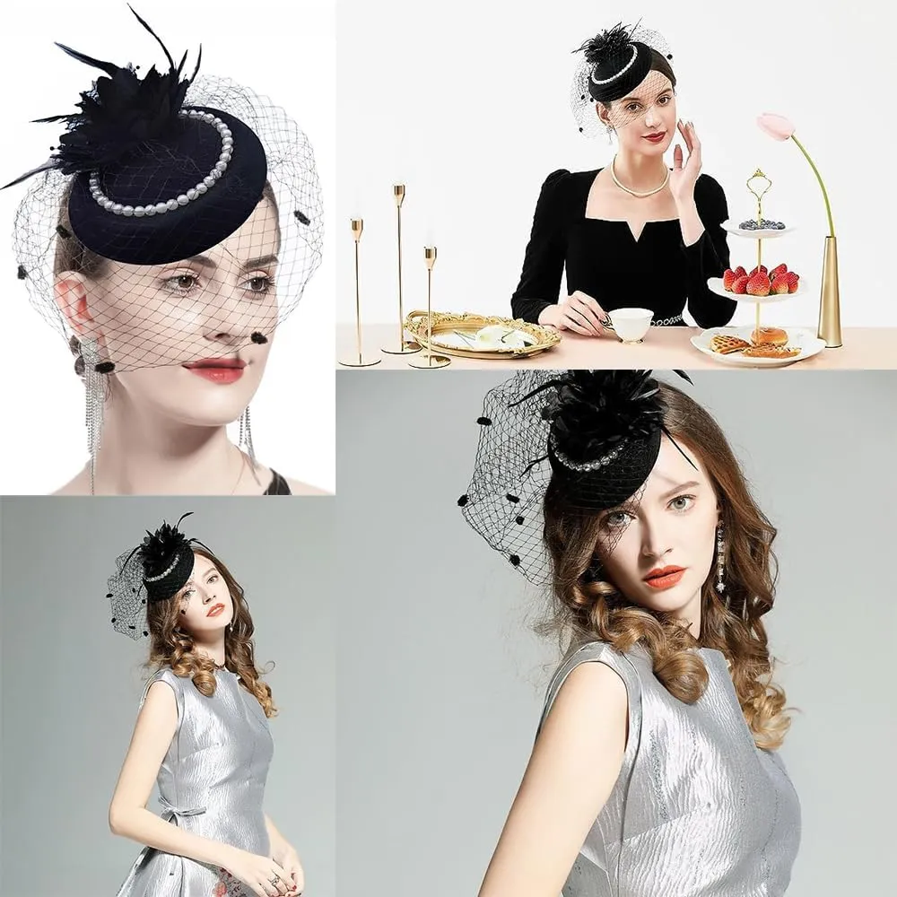 Women Fascinator Hat Flower Pearls Feather Mesh Veil Hair Clip Pillbox Hats with Pearl Accessories Set and Short Satin Gloves