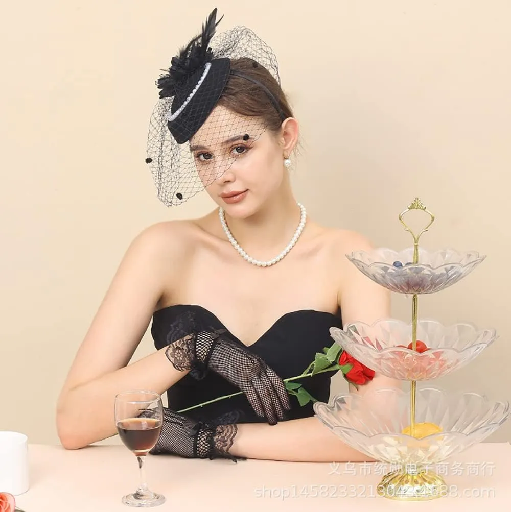 Women Fascinator Hat Flower Pearls Feather Mesh Veil Hair Clip Pillbox Hats with Pearl Accessories Set and Short Satin Gloves