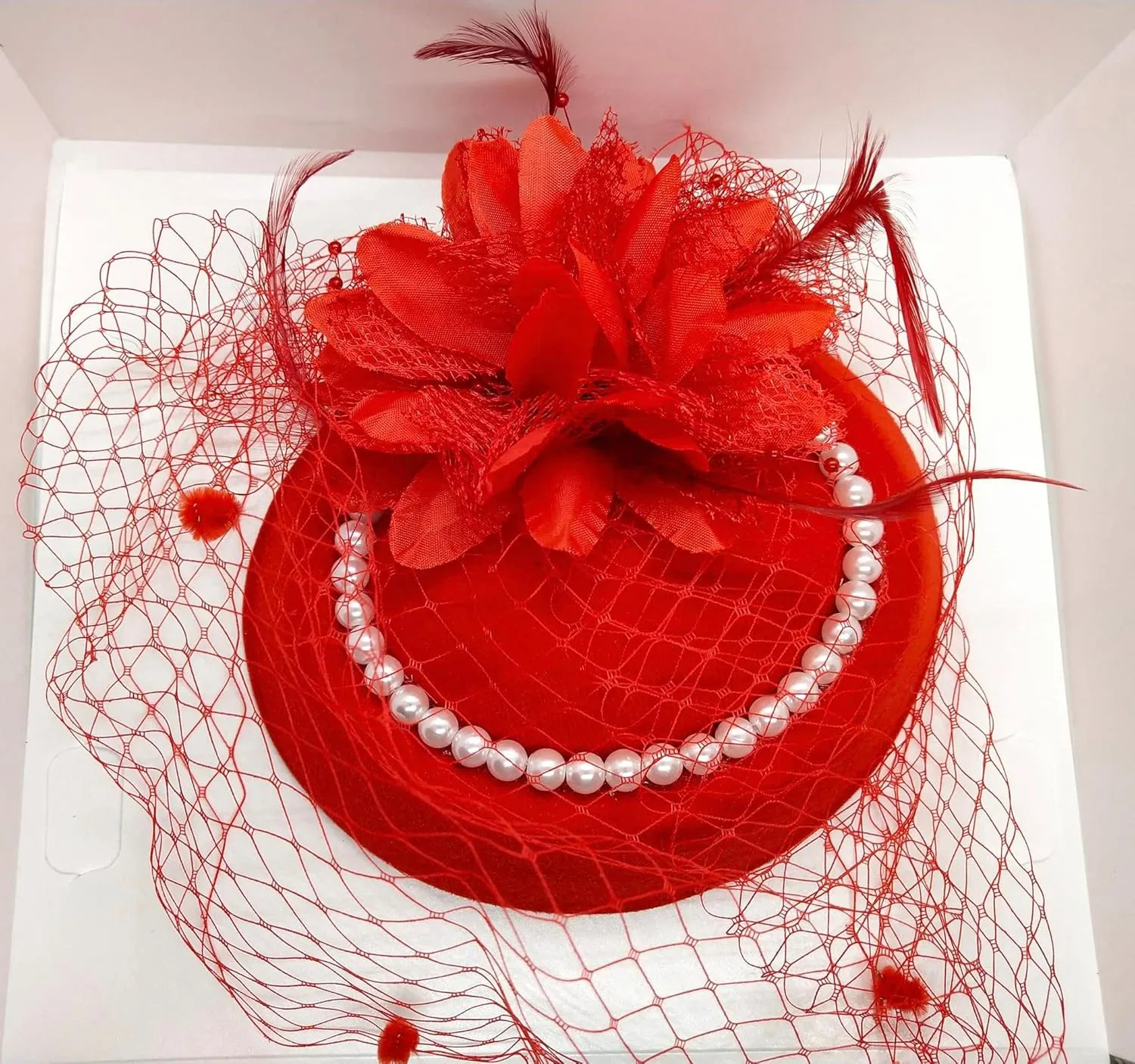 Women Fascinator Hat Flower Pearls Feather Mesh Veil Hair Clip Pillbox Hats with Pearl Accessories Set and Short Satin Gloves