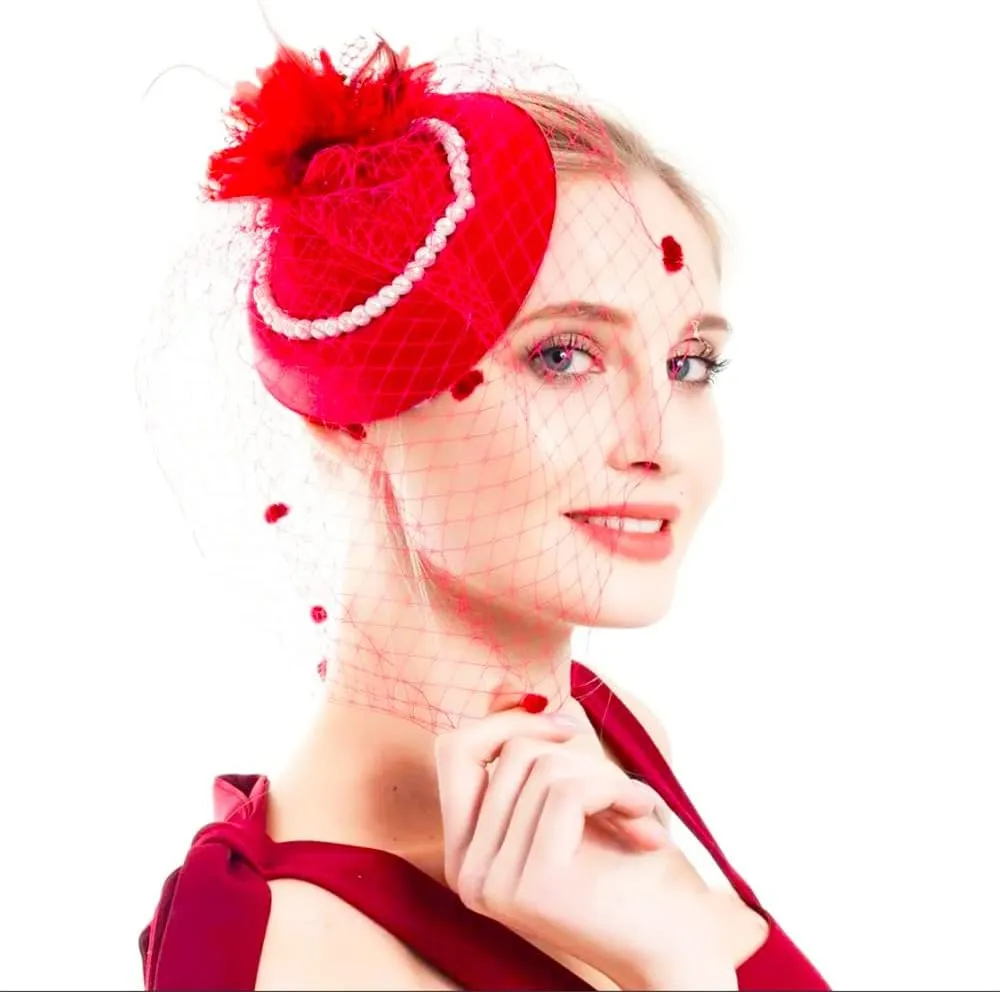 Women Fascinator Hat Flower Pearls Feather Mesh Veil Hair Clip Pillbox Hats with Pearl Accessories Set and Short Satin Gloves