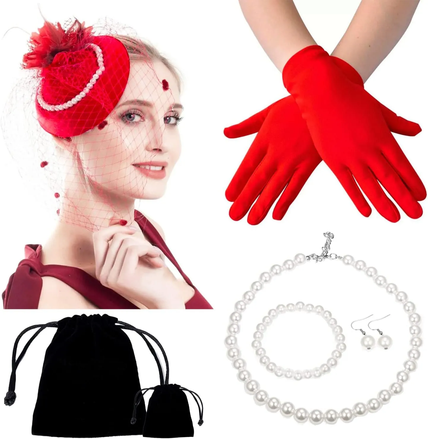 Women Fascinator Hat Flower Pearls Feather Mesh Veil Hair Clip Pillbox Hats with Pearl Accessories Set and Short Satin Gloves