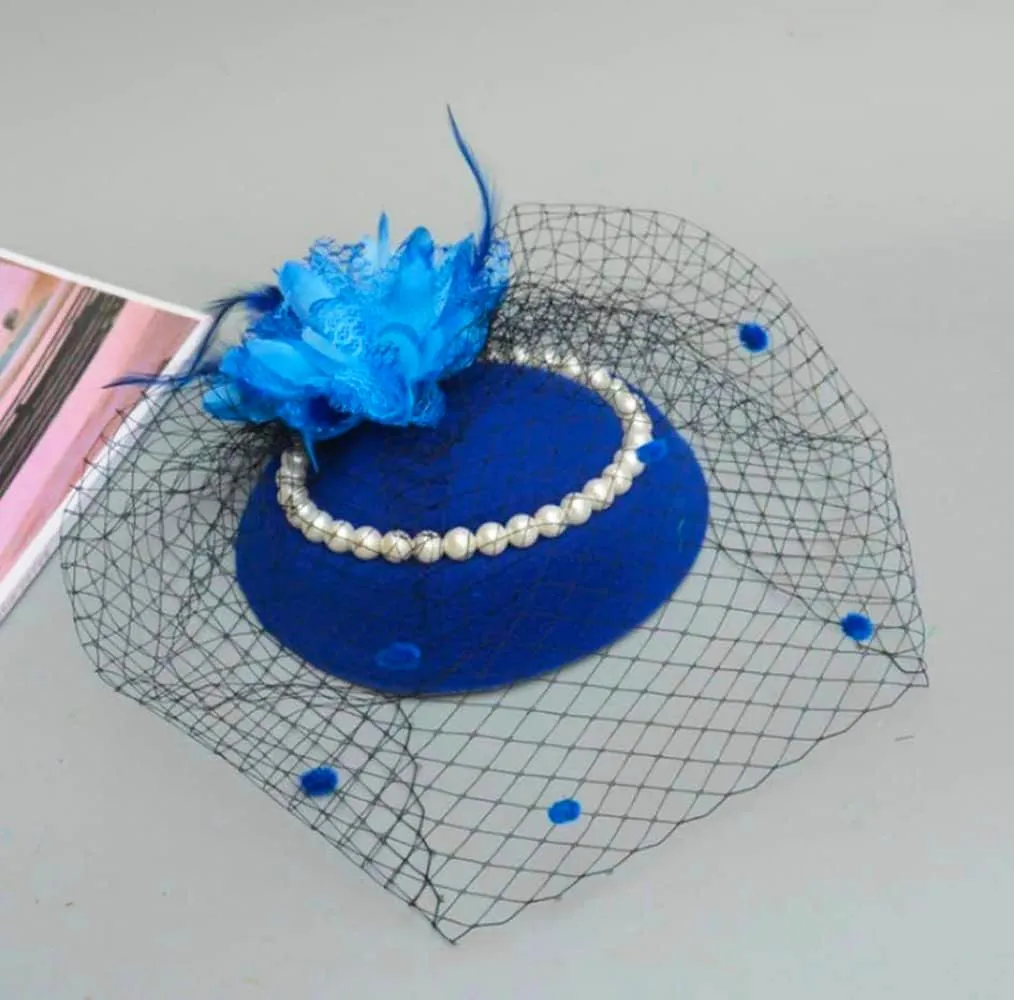 Women Fascinator Hat Flower Pearls Feather Mesh Veil Hair Clip Pillbox Hats with Pearl Accessories Set and Short Satin Gloves