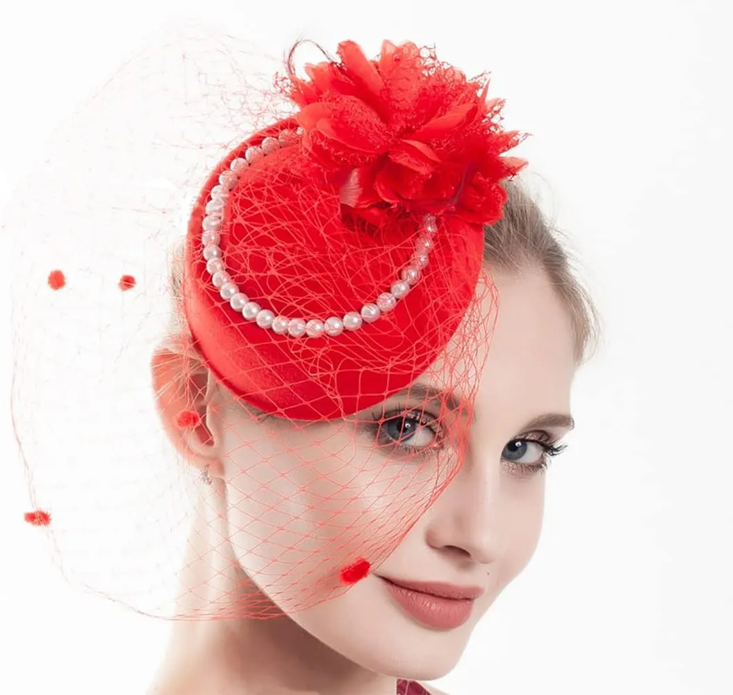 Women Fascinator Hat Flower Pearls Feather Mesh Veil Hair Clip Pillbox Hats with Pearl Accessories Set and Short Satin Gloves