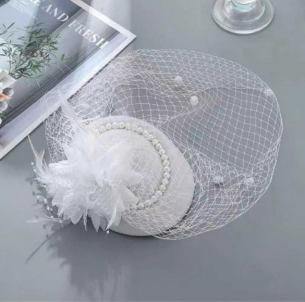 Women Fascinator Hat Flower Pearls Feather Mesh Veil Hair Clip Pillbox Hats with Pearl Accessories Set and Short Satin Gloves