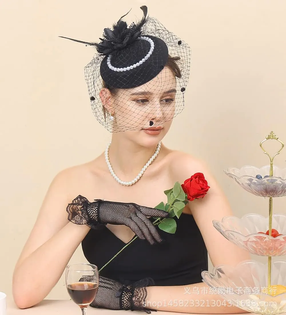 Women Fascinator Hat Flower Pearls Feather Mesh Veil Hair Clip Pillbox Hats with Pearl Accessories Set and Short Satin Gloves