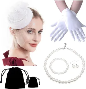 Women Fascinator Hat Flower Pearls Feather Mesh Veil Hair Clip Pillbox Hats with Pearl Accessories Set and Short Satin Gloves