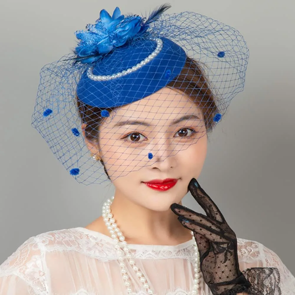 Women Fascinator Hat Flower Pearls Feather Mesh Veil Hair Clip Pillbox Hats with Pearl Accessories Set and Short Satin Gloves