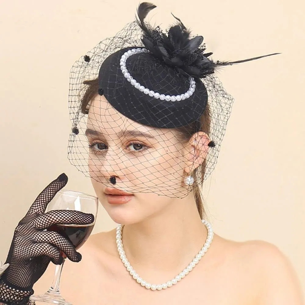 Women Fascinator Hat Flower Pearls Feather Mesh Veil Hair Clip Pillbox Hats with Pearl Accessories Set and Short Satin Gloves