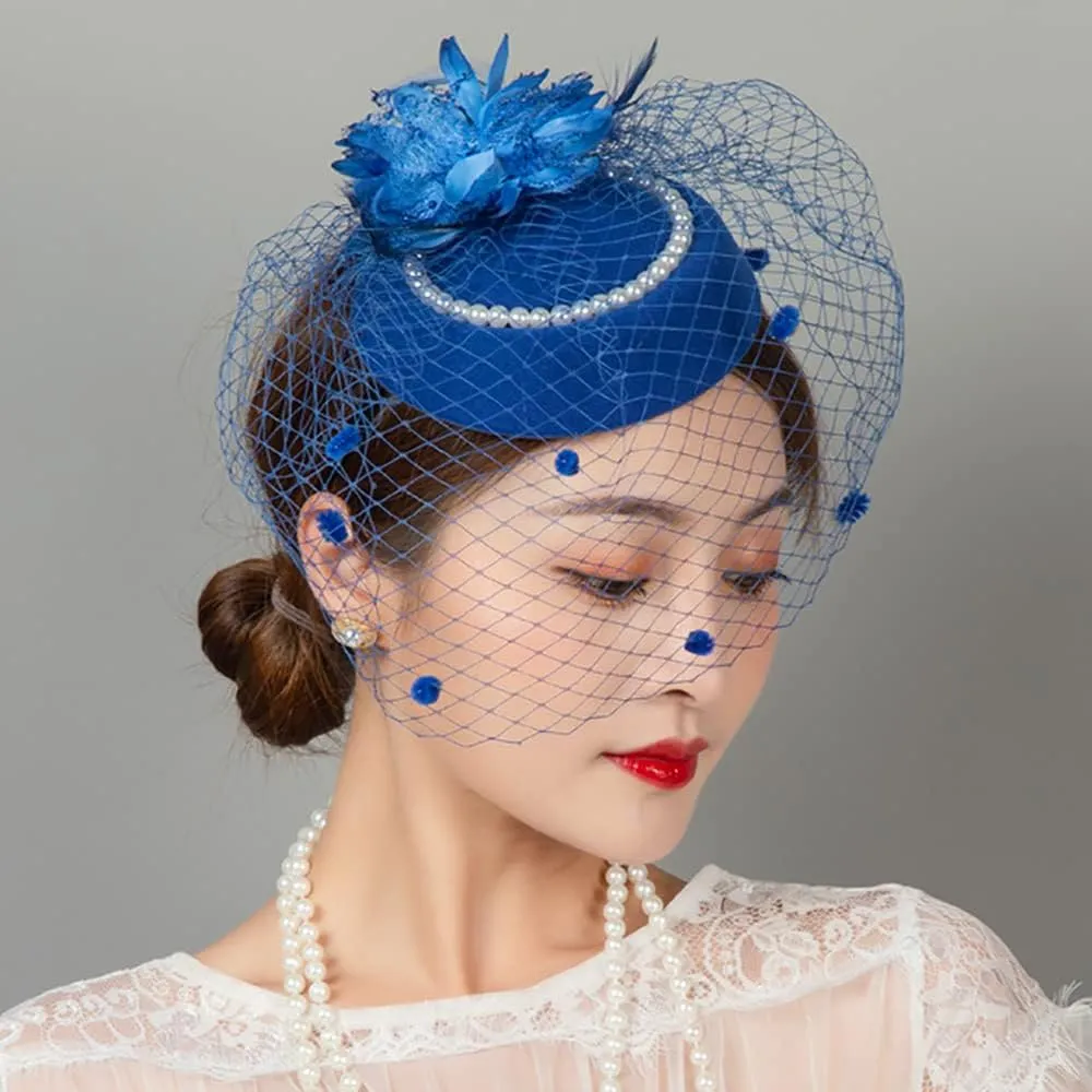 Women Fascinator Hat Flower Pearls Feather Mesh Veil Hair Clip Pillbox Hats with Pearl Accessories Set and Short Satin Gloves