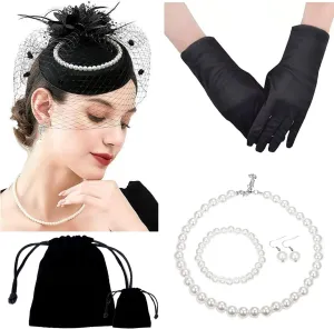 Women Fascinator Hat Flower Pearls Feather Mesh Veil Hair Clip Pillbox Hats with Pearl Accessories Set and Short Satin Gloves