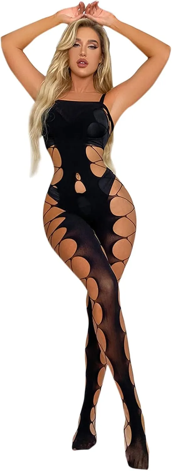 Women Fishnet Bodystocking Sleeveless Hollow out Mesh Body Stockings Sexy Lace Tight Stockings Nightwear Clubwear