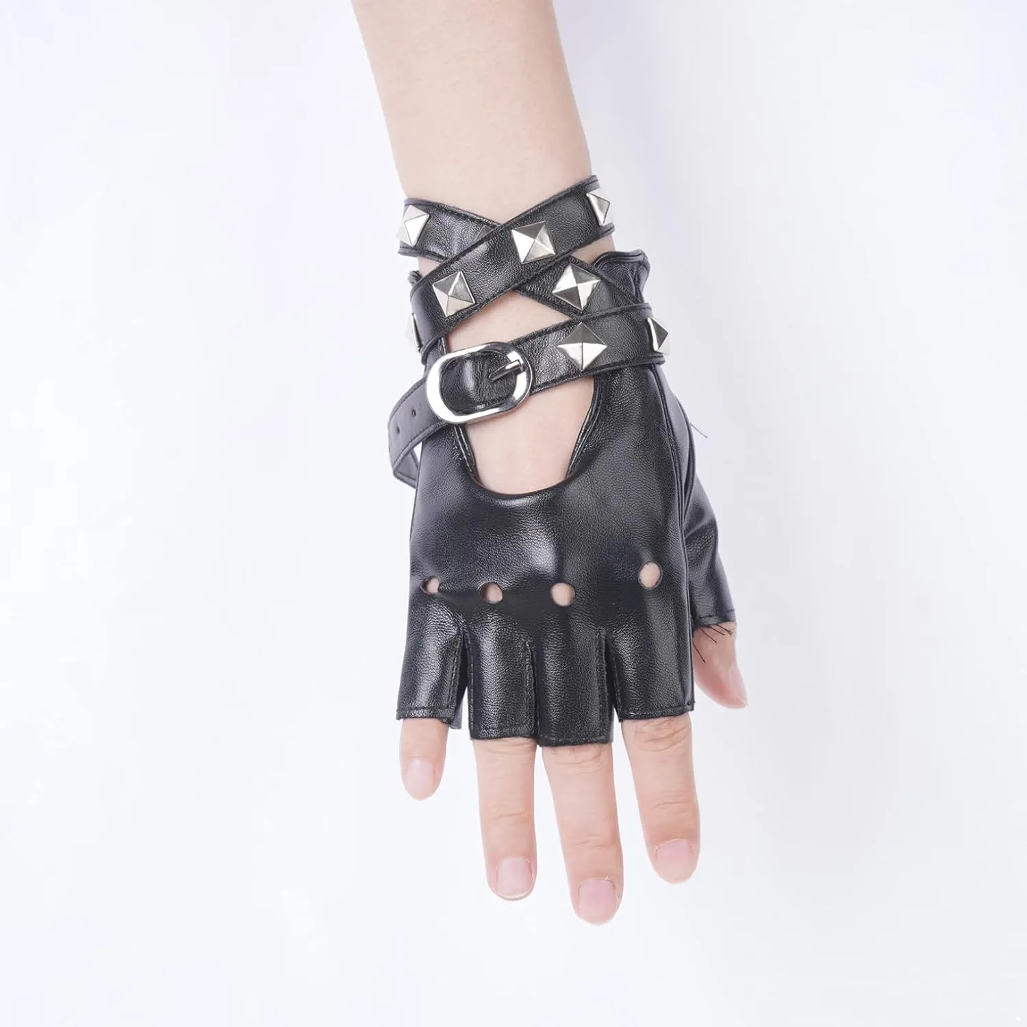 Women Half Fingerless Rivets Gloves PU Leather Dance Jazz Style Punk Gloves with Choker Necklace