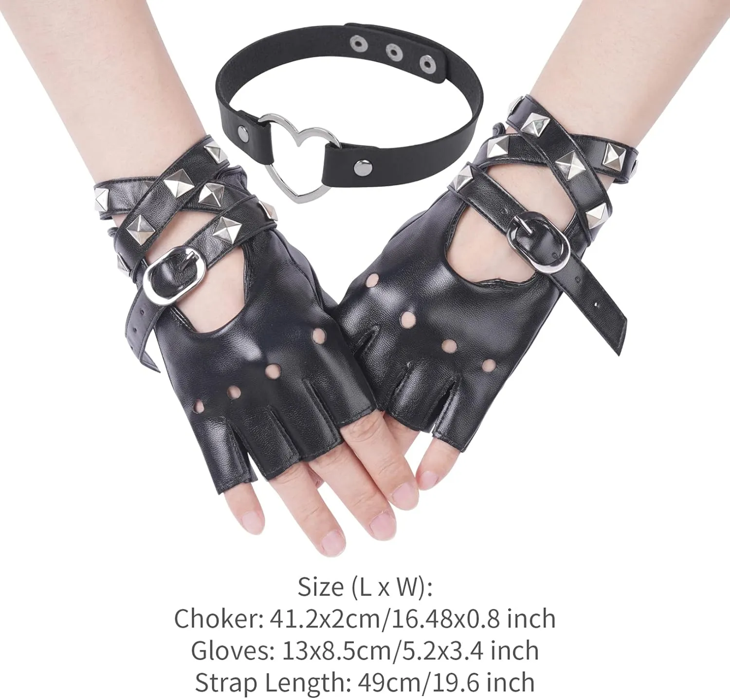 Women Half Fingerless Rivets Gloves PU Leather Dance Jazz Style Punk Gloves with Choker Necklace