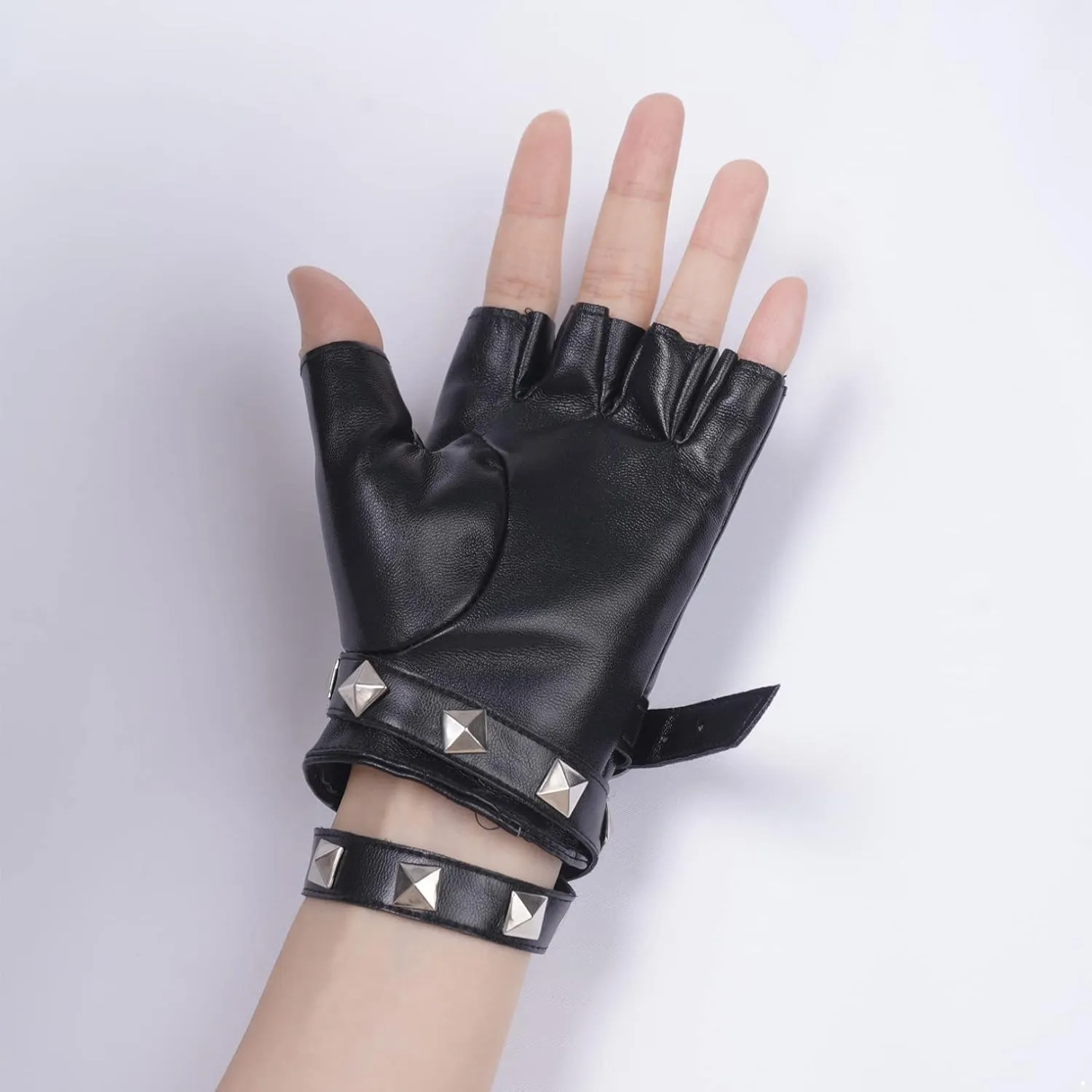 Women Half Fingerless Rivets Gloves PU Leather Dance Jazz Style Punk Gloves with Choker Necklace